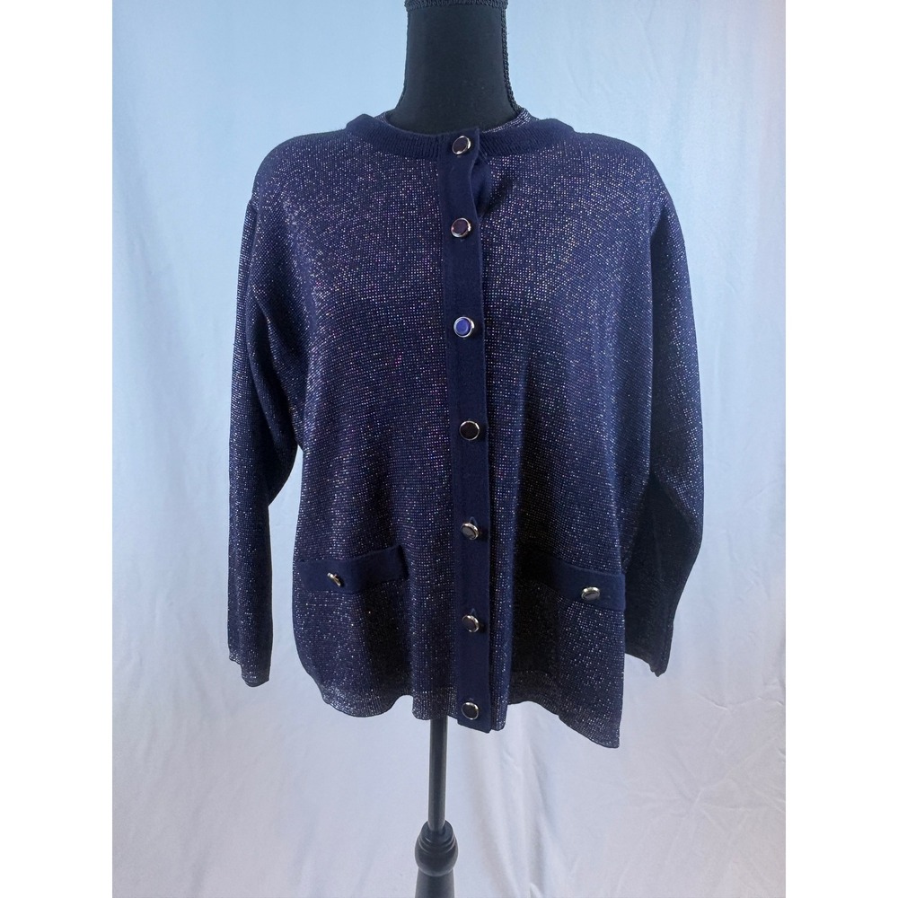 Karen Lessly Vintage Navy Blue‎ Silver Metallic Shimmer Cardigan Sweater Set NWT
